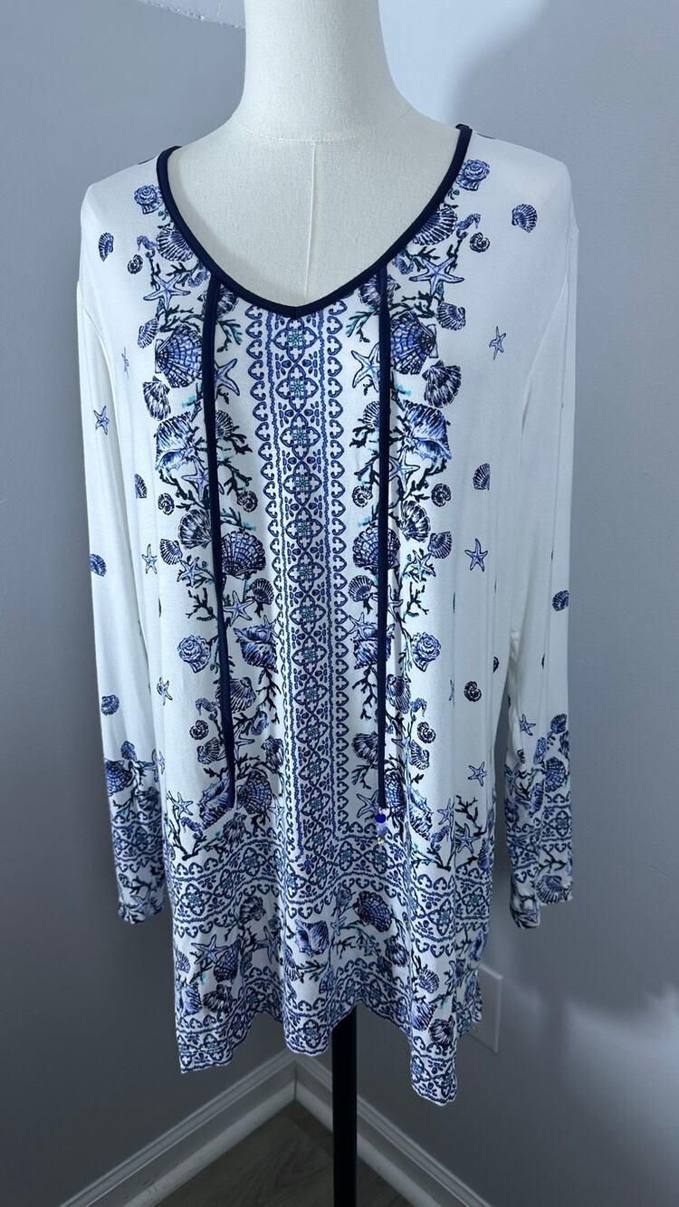 Belle Beach Kim Gravel Aquarius Printed Top Ocean Shell Blue